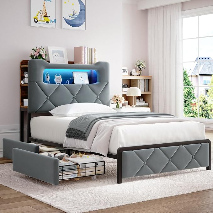 Jocoevol Twin Upholstered LED Bed Frame with 2 Storage Drawers and 2-Tier Storage Bookcase Headboard, Velvet Platform Bed for Kids/Girls/Boys, Heavy Duty Metal Support, No Box Spring Needed, Grey