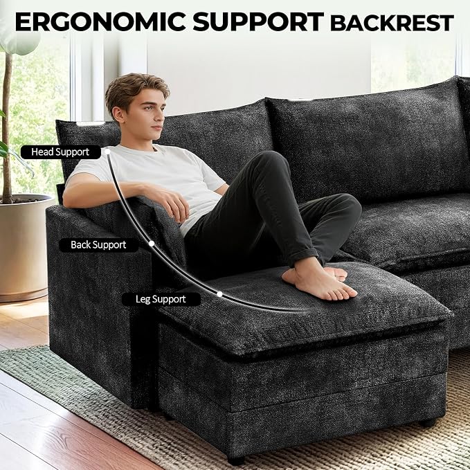 LEVELEVE 112.5" U-Shape Modular Sofa with 2 Ottomans, Deep Seat Cloud Convertible Sleeper, 2 Arm Pillows, Comfortable Upholstered Furniture for Living Room Apartment, Black