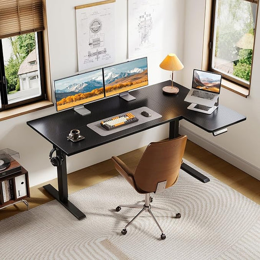 OffiGo Electric L Shaped Standing Desk, 55 Inches Height Adjustable Table, Reversible Corner Stand Up Desk, Lifting Computer Table for Home Office, Computer Workstation, Carbon Fiber Black