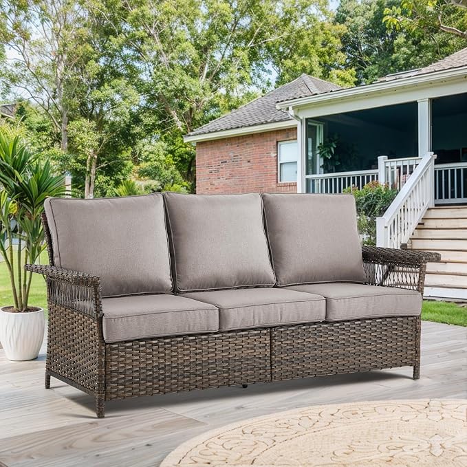 Patio Wicker Sofa 3-Seat Sofa Brown PE Rattan Couch with Water-Resistant Seat Back Cushions Resin Wicker Couch for Garden Balcony Backyard Deck Porch Sunroom, Sofa(1PC), Brown|Grey