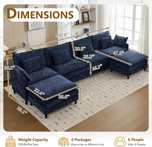 113" Chenille Modular Sectional Sofa, Convertible L Shaped Modular Sofa Comfy Cloud Couch with Ottoman, Side Pockets and 5 Throw Pillows for Living Room (Blue, 150.6" - 6 Seats)