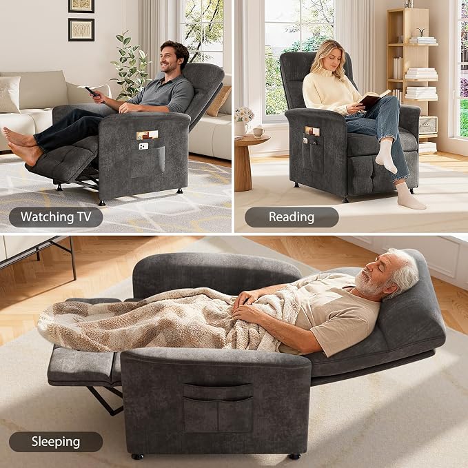 Power Recliner Chair for Adults with Heat & Massage - Soft Fabric Electric Reclining Sofa with Remote Control, 3 Side Pockets, 180° Lay Sleeper for Home Theater Living Room, Dark Grey