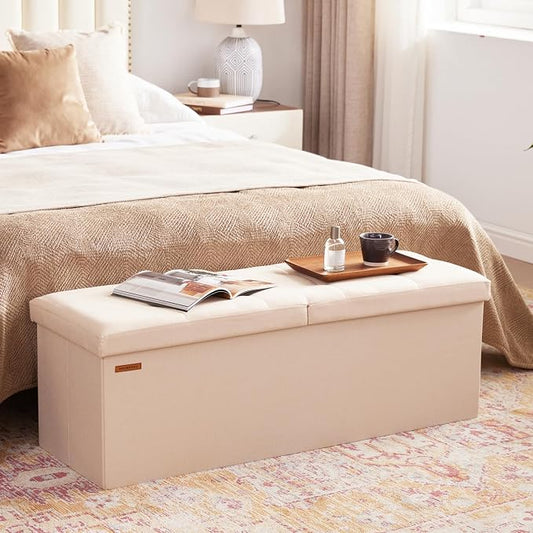 HAUSFRAU Storage Ottoman Bench with Flipping Lid, 43.3 Inches Storage Chest Footsrest, Folding Foot Stool for Entryway, Living Room, Bedroom, Linen Beige