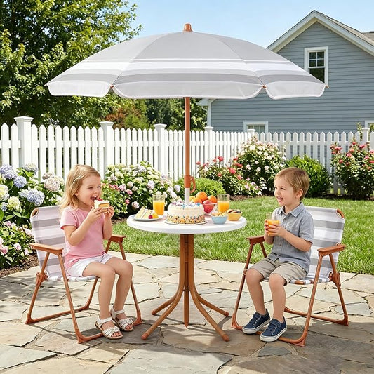 Olakids Kids Picnic Table, Outdoor Toddler Patio Furniture Set with 2 Folding Chairs Adjustable Foldable Umbrella for Garden Backyard Beach (Khaki)