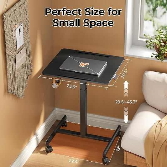 JOY worker Mobile Standing Desk, 23.6" x 20.5" Small Rolling Laptop Cart with 90° Tiltable Desktop, Portable Height Adjustable Sit-Stand Computer Desk on Wheels for Home Office, Black