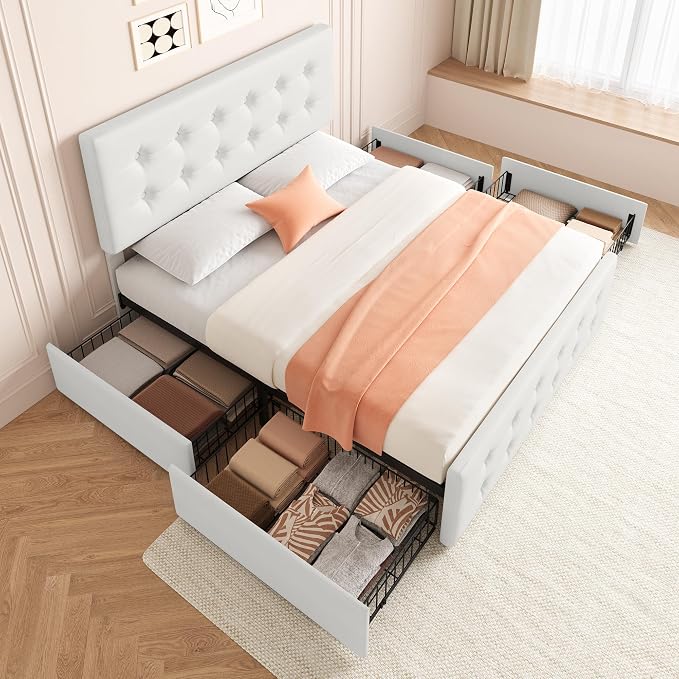 IDEALHOUSE Full Size Bed Frame with 4 Storage Drawers and Headboard, Faux Leather Upholstered Platform Bed Frame with Wooden Slats Support, Button Tufted Design, No Box Spring Needed, Beige