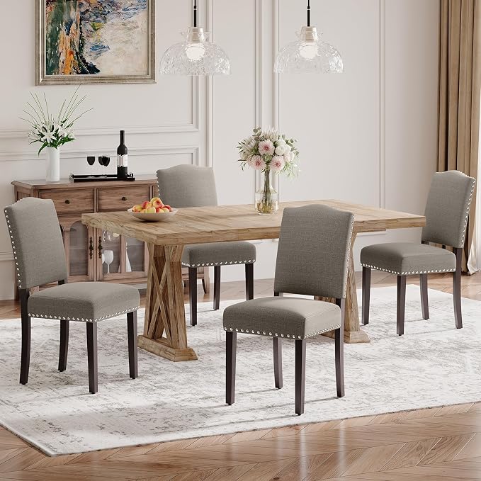 Upholstered Parsons Dining Chairs Set of 4, Modern Dining Room Chairs with Back, Fabric Kitchen Side Chairs with Wood Legs, Nailhead Trim for Dinner Farmhouse Restaurant, Taupe
