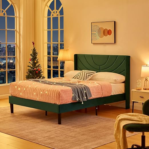 VECELO Full Bed Frame Upholstered Platform with Fabric Headboard,Wooden Slats Support/No Box Spring Needed/Mattress Foundation,Dark Green