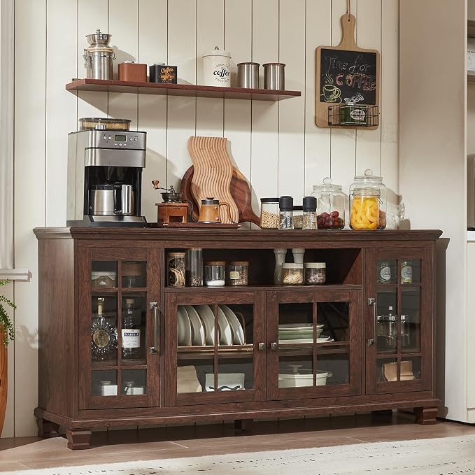 SAVOR LIFE Large Sideboard Buffet Cabinet with Storage,Vintage Walnut Farmhouse 60" Wide Sideboard Cabinets with Glass Doors & Wood Legs,Kitchen Coffee Bar Credenza for Dining Room, Living Room