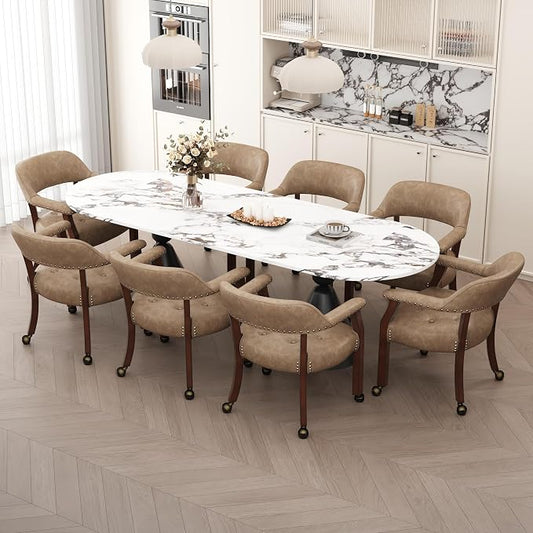 LEEMTORIG Set of 8 Large Dining Chairs with Casters and Arms, Rolling Dining Chairs with Wheels, Accent Poker Game Chairs, Wood Office Chairs, Cherry Legs & Yellowish Brown PU SY-1533-PMB08