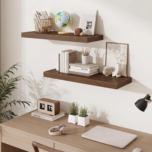 Fun Memories Floating Shelves for Wall, 30 Inch Long Floating Shelves Set of 3, 30 x 10 Wooden Shelves for Wall, Large Storage Shelves, Hanging Shelves for Bathroom Kitchen Bedroom, Walnut
