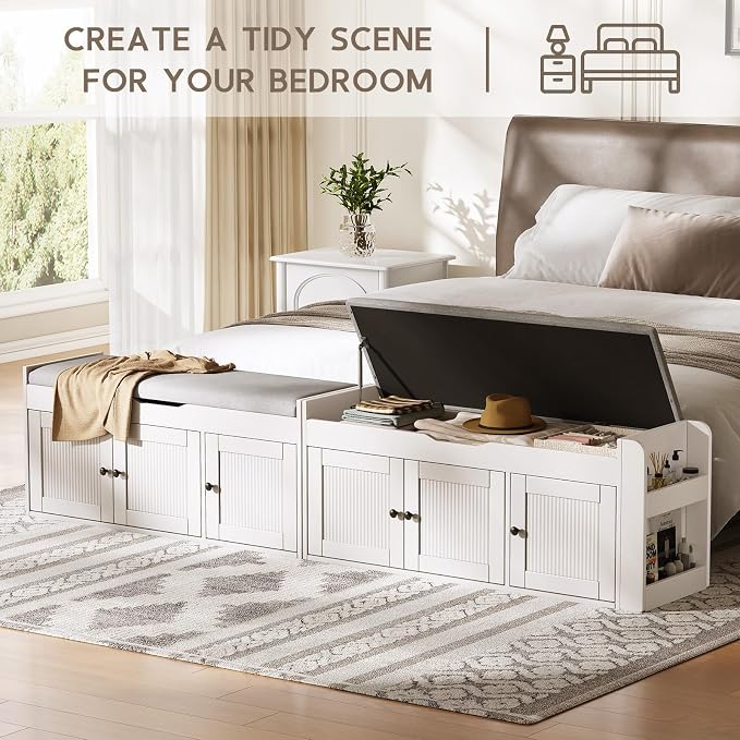 42.6" Entryway Shoe Storage Bench with Padded Seat, 3 Doors and Side Shelves, Lift Top Storage Bench for Shoes, Hallway, Bedroom, Living Room, White