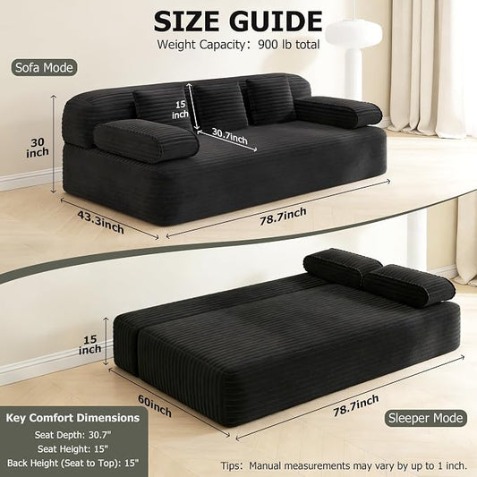 Convertible Sofa Bed, 78.7" Frameless Floor Sofa-in-a-Box, Corduroy Boneless Couch for Small Space Apartments, Queen Sleeper Sofa for Everyday Use, 3 Pillows Included, No Assembly (Black)