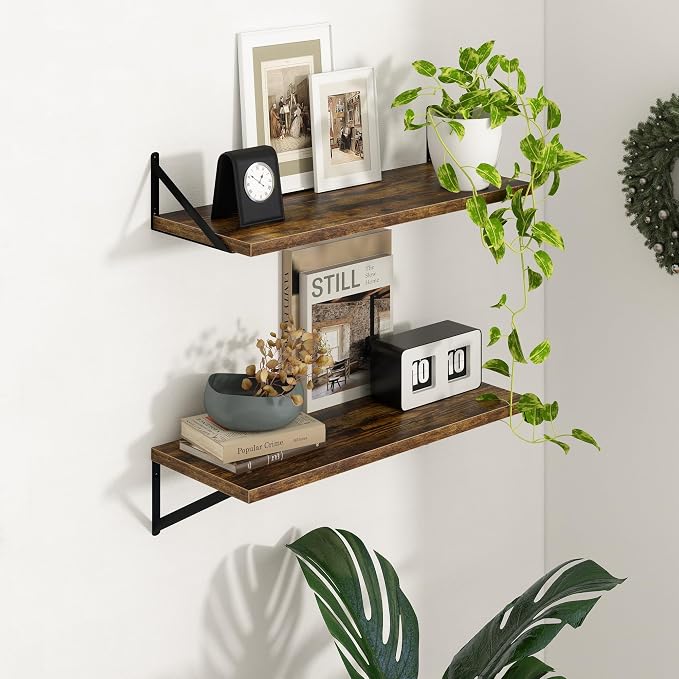 Axeman Deep Floating Shelves - 30 Inch Floating Shelves Set of 2-12 Inch Deep Brown Wood Wall Shelves for Living Room Bathroom Kitchen