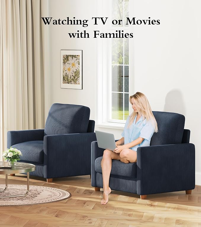Kidirect 35.5in Oversized Accent Chair, Easy to Assemble Living Room Chairs, Corduroy Reading Chair for Bedroom, 22.5in Deeper Seats Accent Chairs for Living Room, Comfy Armchair Reading Nook, Navy