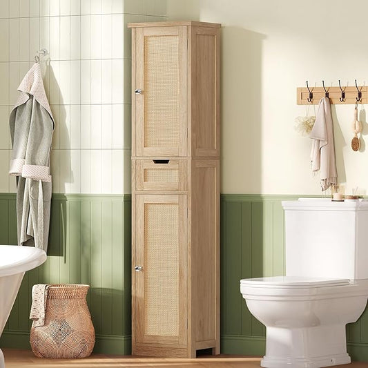 Iwell Tall Bathroom Cabinet, Slim Narrow Storage Cabinet with Adjustable Shelves, Rattan Cabinets with 1 Drawer, for Bathroom, Living Room, Entryway, Kitchen, Nature