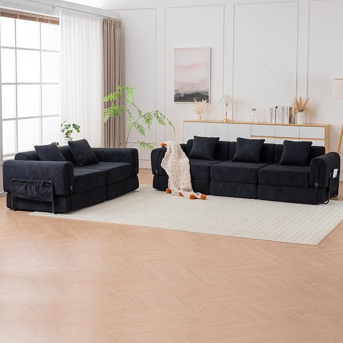 Cloud Modular Sectional Sofa, Foldable Floor Couch Bed, Convertible Sleeper Sofa Bed, Fold Out Boneless Couches for Living Room, Office, Guest Room, Apartment (3 Seater Couch, Black)