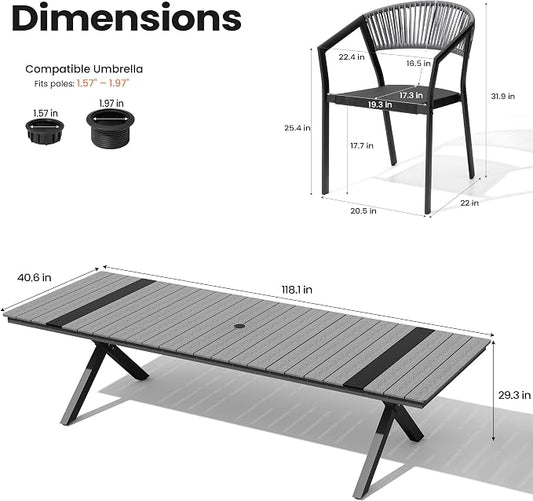 Pellebant Aluminum 13-Piece Outdoor Dining Table Set for 8-12 Person | Patio Stackable Chair with U-Shaped Wicker Backrest, 118" Table with Wood-Grain Top & Umbrella Hole, Aluminum Frame Furniture