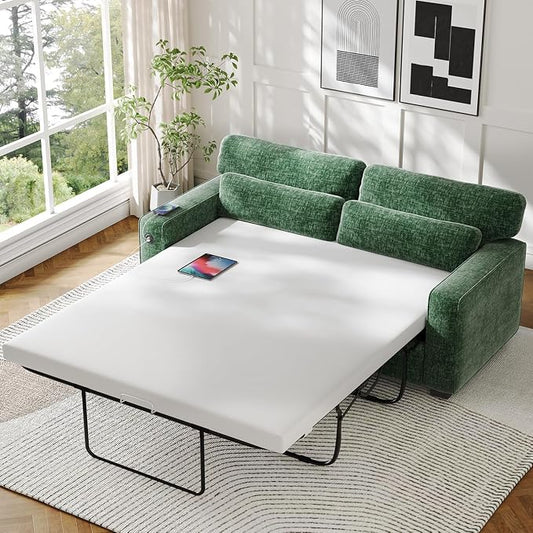 Marsail Pull Out Sofa Bed, Queen Size Sleeper Sofa with Memory Foam Mattress, 2-in-1 Convertible Chenille Couch Bed with 2 USB Charging and Removable Covers, Loveseat for Living Room, Apartment, Green