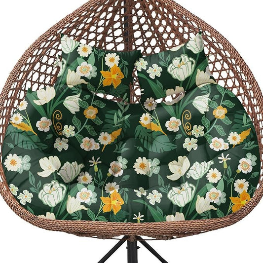 Double Egg Chair Cushion Replacement Waterproof for Outdoor Patio Hanging Basket Egg Chairs, 59x43-Inch Thickened 100% Cotton Large Double Eggs Swing Chair Cushions, Green Peony