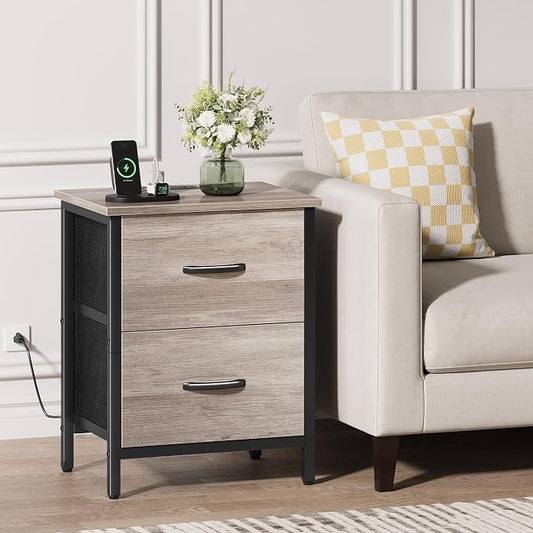 Vagusicc Nightstand with Charging Station, Bedside Table with USB Ports and Outlet, End Table Side Table with 2 Fabric Drawers for Bedroom, Living Room, Greige