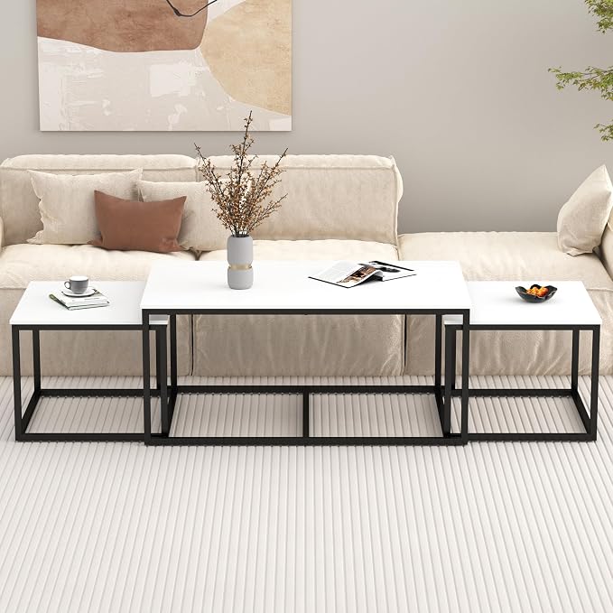 Nesting Coffee Tables,3 Piece Living Room Coffee Table,Industrial Rectangular Coffee Table Set,End Table Side Tables for Living Room Bedroom(White)