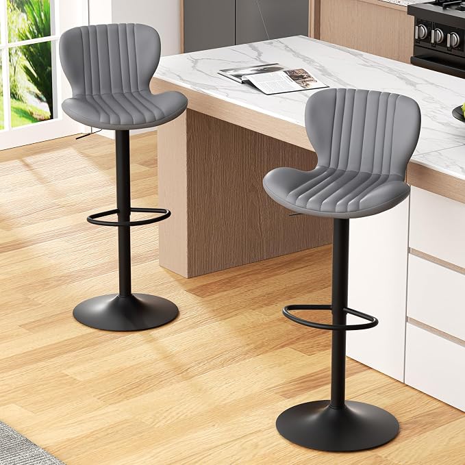JAMFLY Bar Stools Set of 2, Leather Adjustable Barstools Counter Height Modern Bar Stools, Island Chairs Set of 2 for Kitchen, Grey