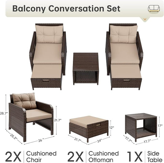 LHBcraft 5 Piece Outdoor Furniture Set, PE Rattan Balcony Furniture with Soft Cushions, Patio Set 2 Ottoman & Table for Porch, Lawn, Garden, Brown
