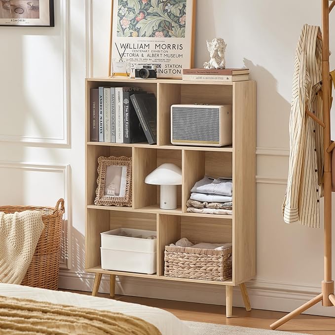 LEYAOYAO Cube Bookshelf 3 Tier Mid-Century Light Wood Modern Bookcase with Legs,Retro Wood Bookshelves Storage Organizer Shelf,Freestanding Open Book Shelves for Bedroom,Living Room,Office