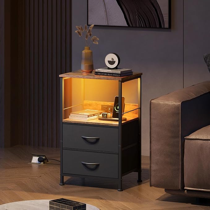 WLIVE Nightstand with Charging Station, LED Night Stand with 2 Fabric Drawers and Open Shelf, Small Dresser for Small Spaces, Side End Tables for Bedroom, Rustic Brown and Black