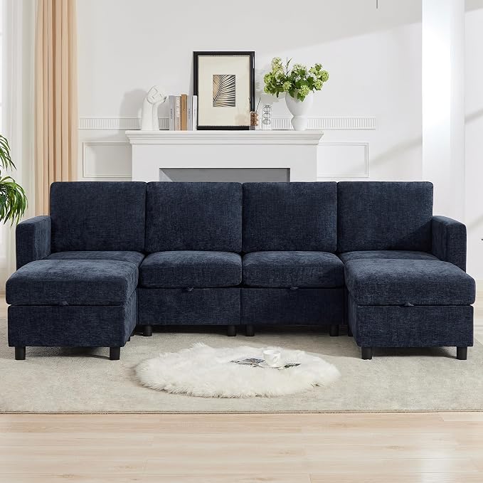 WUTUTUEE 25'' Square Storage Ottoman Module for Modular Sectional Sofa, Living Room Coffee Table Sectional Ottoman Footrest for Convertible Couch, Chenille Navy