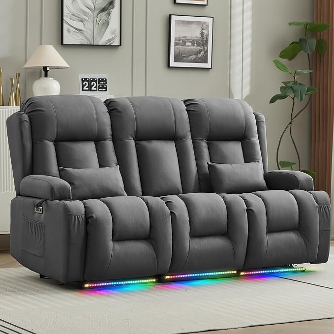 URRED Power Loveseat Recliner Sofa with Massage and Heat, Wall Hugger Reclining Loveseat with Console, RV Couch Home Theater Seating with LED Lights for Living Room (Gray, 76.8" - 3 Seats)