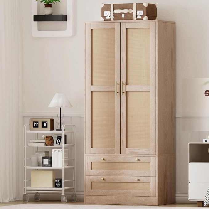 72" Tall Wardrobe Armoire Closet with Mirror, Rattan Armoire Storage Cabinet with 2 Doors and Hanging Rod, Wooden Wardrobe Closet Storage with 2 Larger Drawers and Shelves for Bedroom, Cloak Room