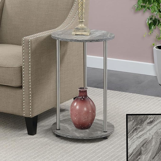 Convenience Concepts Designs2Go No Tools 2-Tier Round End Table, Faux Gray Marble/Chrome
