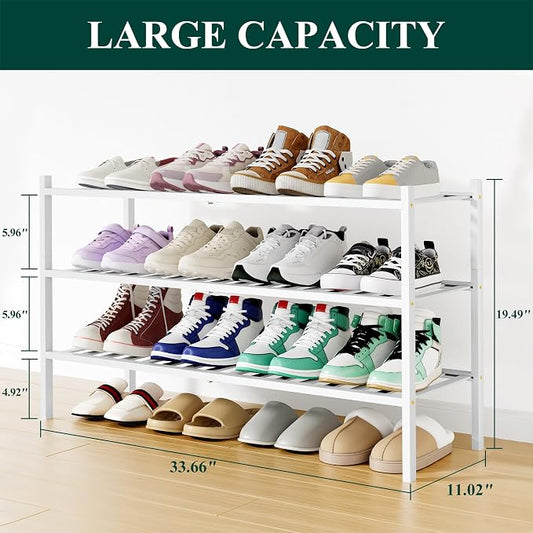 Smiry Long Bamboo Shoe Rack, 3 Tier Free Standing Wooden Shoe Organizer, Stackable Wood Shoe Storage Shelf for Closet, Entryway, 12 Vertical Slats, 2+1 Stack Standard Legs, 33.7"x11"x19.5", White