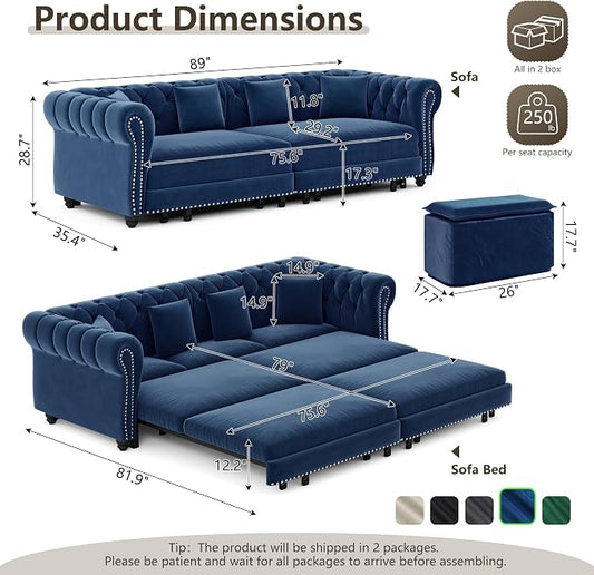 89" King Size Sleeper Sofa Bed - 3-in-1 Convertible Pull Out Sofa Bed with Ottoman, Button Tufted Chesterfield Sofa, Queen Sleeper Couch for Small Spaces Apartments, Guest Rooms, Living Room, Blue
