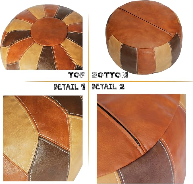 Thgonwid Unstuffed Moroccan Faux Leather Pouf Ottoman Cover with Storage - Boho Chic Multi-Use Footrest for Living Room, Bedroom, Patio - Round Ethnic Floor Cushion & Decorative Accent, Tricolor