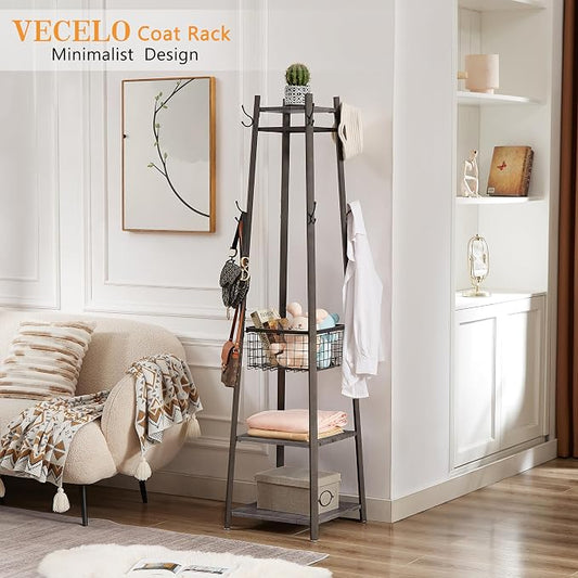 VECELO Coat Rack Freestanding,Hall Tree with Metal Basket and Storage Shelves,Industrial Coat Rack Stand with 8 Hooks for Hanging Coats/Hats/Bags/Umbrellas,18 x 18 x 72 In,Antique Brown