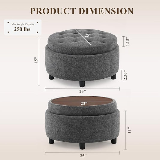 COLAMY Fabric Round Storage Ottoman with Reversible Tray Lid – Multi-Functional Footrest, Hidden Storage, Sturdy & Stylish Small Coffee Table for Living Room, Bedroom, or Entryway(Dark Grey)