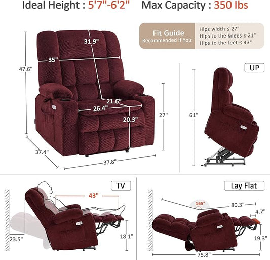 MCombo Oversized Power Lift Recliner Chair for Elderly, Dual Motor Lift Chair with Heat and Massage, Lay Flat Lift Chair for Big and Tall, Cup Holders, Fabric R7891 (Large-Wide, Burgundy)