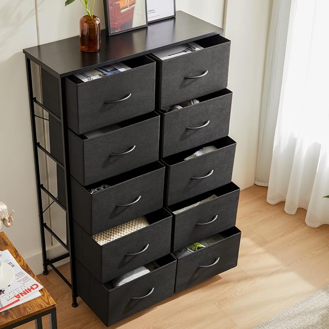 DUMOS 10 Drawer Dresser for Bedroom, Storage Organizer Chest of Drawers | Wide Fabric Closet Organizer Tower Furniture with Wooden Top Metal Frame, Dorm, Black