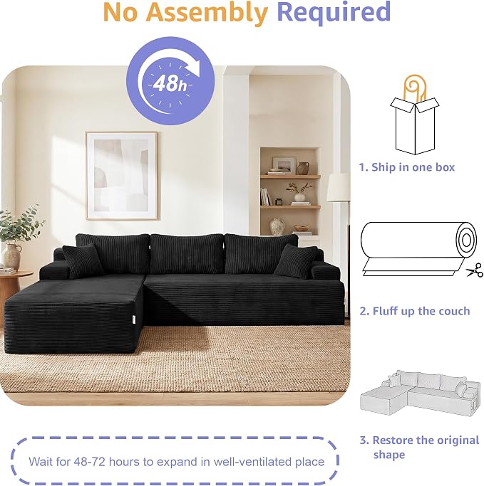 Hobestluk Modular Sectional Sofa Couches L-Shape Couch 3 Seat Modular Sofa Memory Foam Sectional Couches for Living Room, Cloud Couch with Oversized Chaise (Black Corduroy, 108", Left Hand Facing)