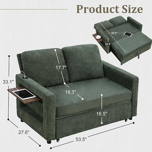 3 in 1 Folding Convertible Sleeper Sofa Bed Pull Out Couch with Side Pockets USB Port Side Table Loveseat Sofa Bed with Adjustable Backrest for Living Room Bedroom 66" DarkGreen 2 SEAT