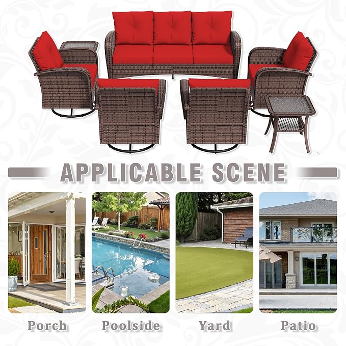 7 Piece Patio Conversation Set – 2 Swivel Rocking Chairs, 2 Coffee Tables & 3-Seater Sofa | PE Wicker Patio Sectional | Heavy-Duty Steel Frame & Weatherproof Cushions, Red