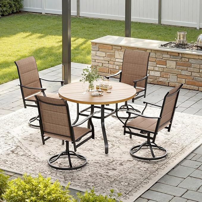Soohow Patio Dining Set for 4, 5-Piece Round Outdoor Dining Set 4 x Swivel Patio Chairs and 41" Round Outdoor Dining Table with 1.57" Umbrella Hole, Wood-Like, for Poolside, Backyard