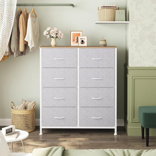 Sweetcrispy 8 Drawer Fabric Dresser for Bedroom, Tall Dresser, Light Grey | Chest of Drawers with Sturdy Steel Frame and Wooden Top, Closet Living Room Storage Organizer with Easy Pull Handles