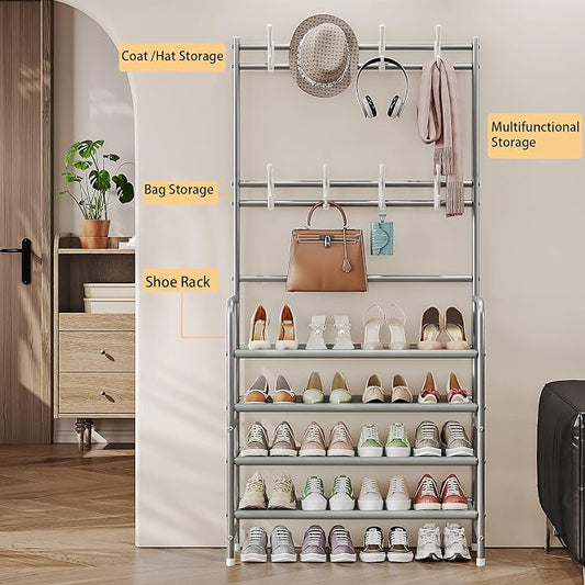 Coat Rack Shoe Rack With Storage Shelf Freestanding with 8 Hooks for Entryway Bedroom Closet 4 Tier, Grey