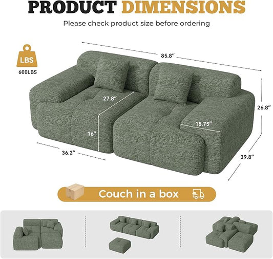 85" Cloud Loveseat Sofa in a Box, Modern Small Couch No Assembly Required, Comfy Deep Seat Boneless Couches for Living Room, Bedroom, Apartment, Green 1 PCS