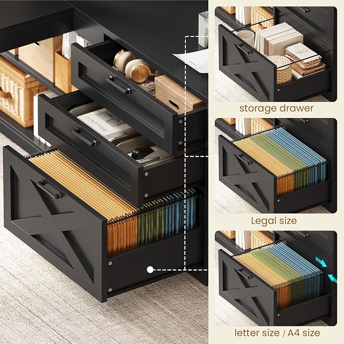 SEDETA Farmhouse L Shaped Gaming Desk, 61” Corner Computer Desk with Storage Drawers and Power Outlet, Corner Gaming Desk with LED Light and Bookshelf Shelves for Home Office, Black