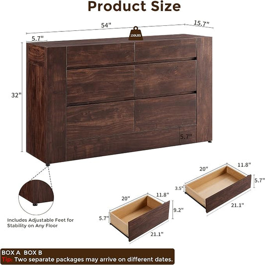 OKD 6 Drawer Dresser for Bedroom, 54" Wide Chest of Drawers with Thick Wood Design, Handleless, Modern Bedroom Dresser, Storage Organizer for Living Room/Entryway/Hallway, Dark Walnut